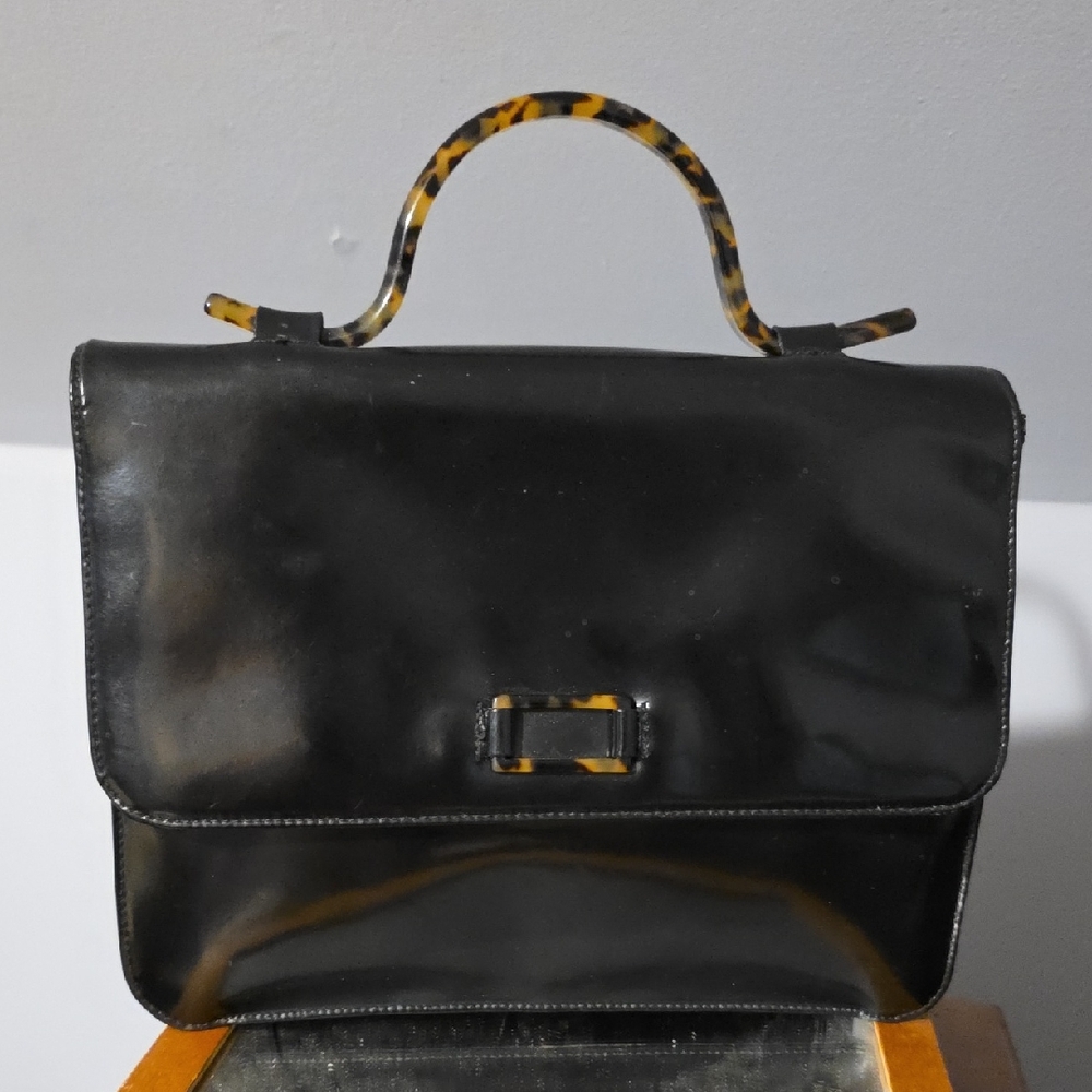 28 Shop Vintage Black Leather Satchel with Tortoiseshell Accents - Italy